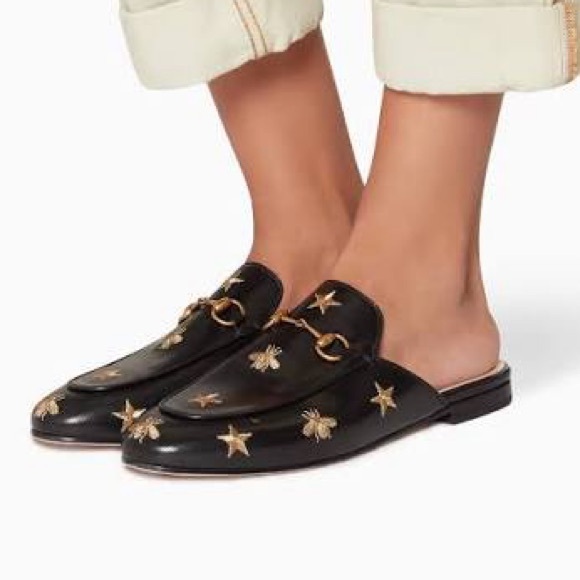 Gucci Princetown Nero Mules Gold Embroidered Bees Stars 39 - Picture 1 of 12